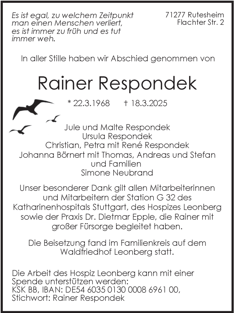  Traueranzeige für Rainer Respondek vom 14.04.2025 aus Leonberger Kreiszeitung / Strohgäu Extra