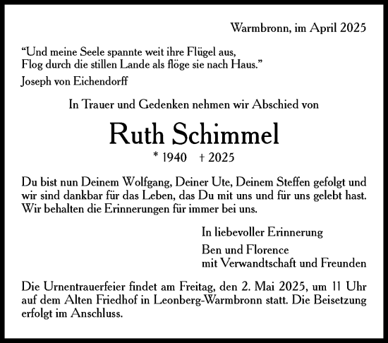 Traueranzeige von Ruth Schimmel von Leonberger Kreiszeitung / Strohgäu Extra