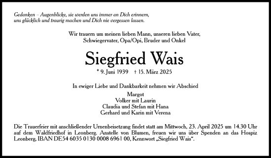 Traueranzeige von Siegfried Wais von Leonberger Kreiszeitung / Strohgäu Extra