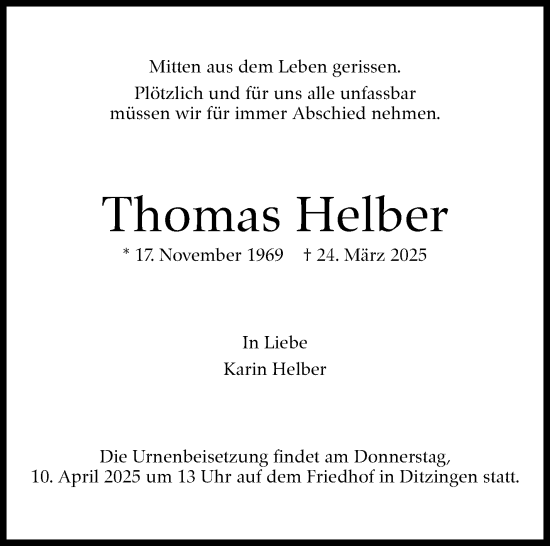 Traueranzeige von Thomas Helber von Leonberger Kreiszeitung / Strohgäu Extra