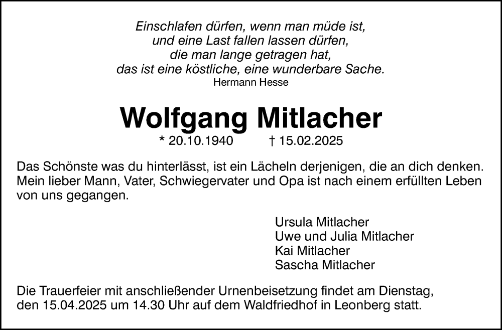  Traueranzeige für Wolfgang Mitlacher vom 08.04.2025 aus Leonberger Kreiszeitung / Strohgäu Extra