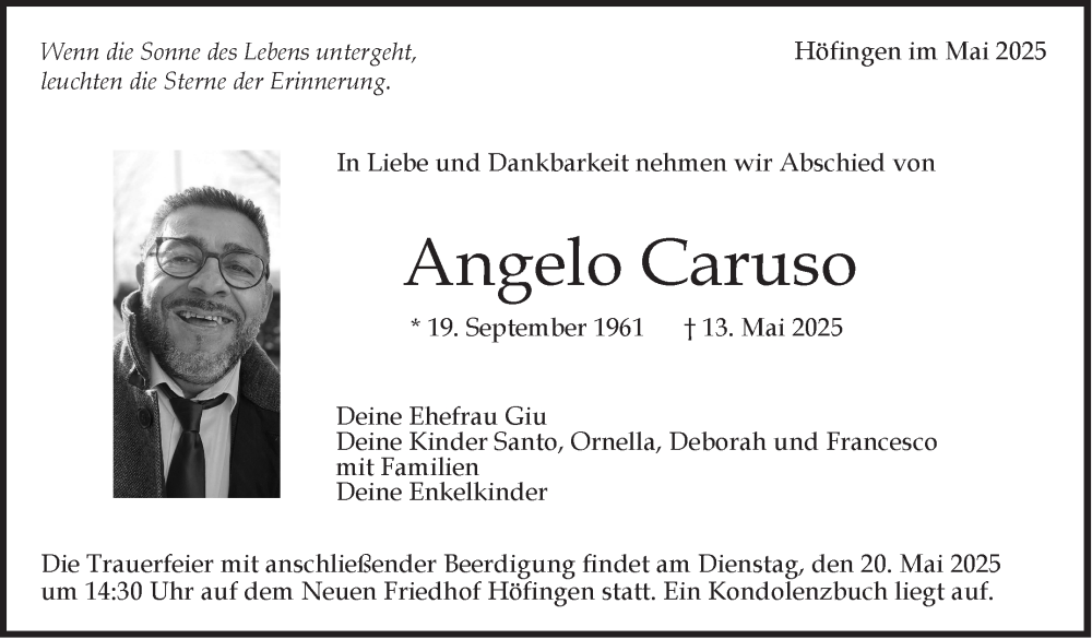  Traueranzeige für Angelo Caruso vom 17.05.2025 aus Leonberger Kreiszeitung / Strohgäu Extra