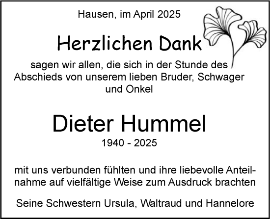 Traueranzeige von Dieter Hummel von Leonberger Kreiszeitung / Strohgäu Extra