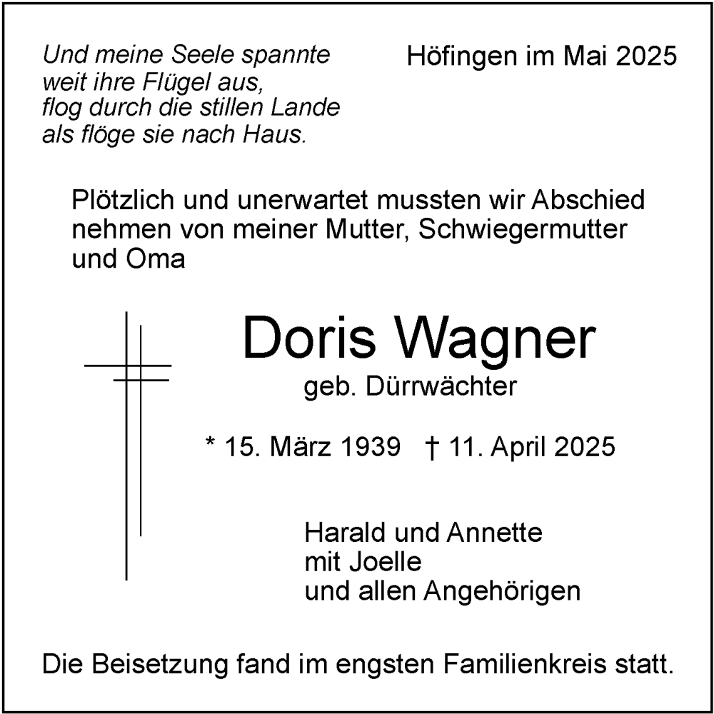  Traueranzeige für Doris Wagner vom 02.05.2025 aus Leonberger Kreiszeitung / Strohgäu Extra