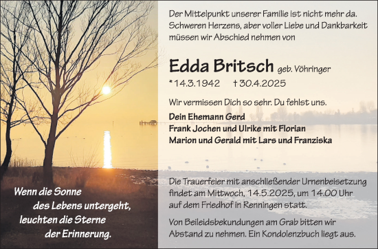 Traueranzeige von Edda Britsch von Leonberger Kreiszeitung / Strohgäu Extra