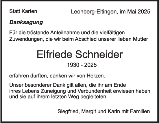 Traueranzeige von Elfriede Schneider von Leonberger Kreiszeitung / Strohgäu Extra