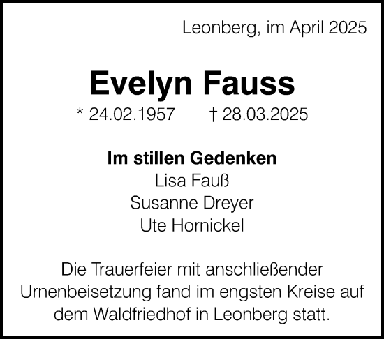 Traueranzeige von Evelyn Fauss von Leonberger Kreiszeitung / Strohgäu Extra