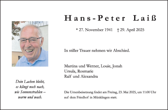 Traueranzeige von Hans-Peter Laiß von Leonberger Kreiszeitung / Strohgäu Extra