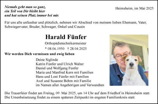 Traueranzeige von Harald Fünfer von Leonberger Kreiszeitung / Strohgäu Extra