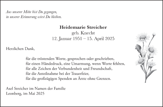 Traueranzeige von Heidemarie Streicher von Leonberger Kreiszeitung / Strohgäu Extra