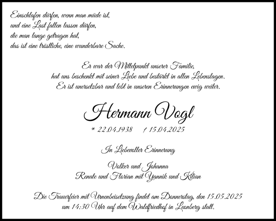 Traueranzeige von Hermann Vogl von Leonberger Kreiszeitung / Strohgäu Extra