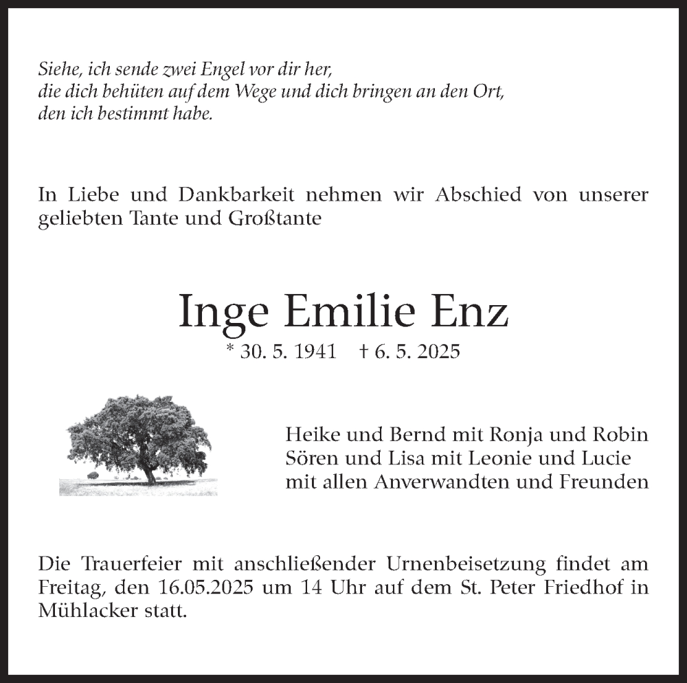  Traueranzeige für Inge Emilie Enz vom 14.05.2025 aus Leonberger Kreiszeitung / Strohgäu Extra