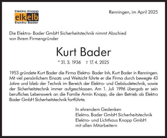 Traueranzeige von Kurt Bader von Leonberger Kreiszeitung / Strohgäu Extra