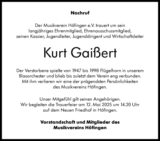 Traueranzeige von Kurt Gaißert von Leonberger Kreiszeitung / Strohgäu Extra