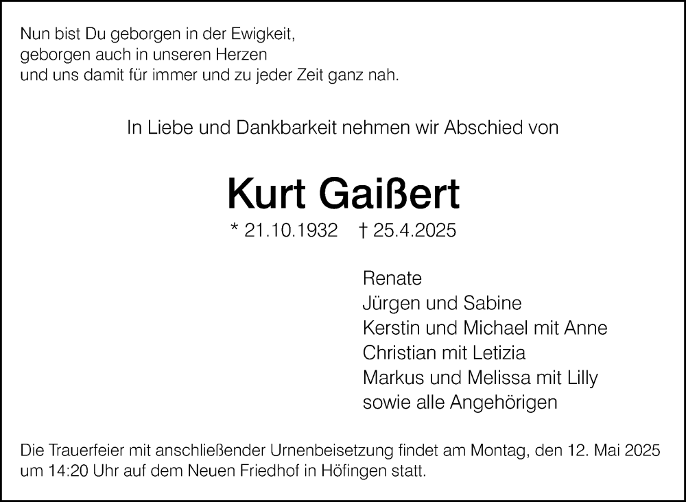  Traueranzeige für Kurt Gaißert vom 05.05.2025 aus Leonberger Kreiszeitung / Strohgäu Extra