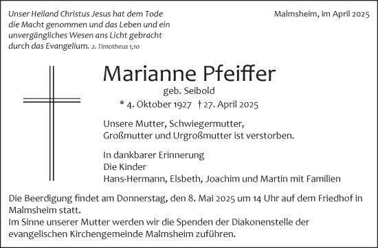 Traueranzeige von Marianne Pfeiffer von Leonberger Kreiszeitung / Strohgäu Extra