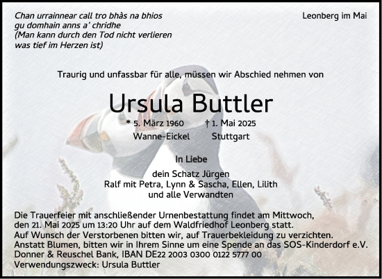 Traueranzeige von Ursula Buttler von Leonberger Kreiszeitung / Strohgäu Extra