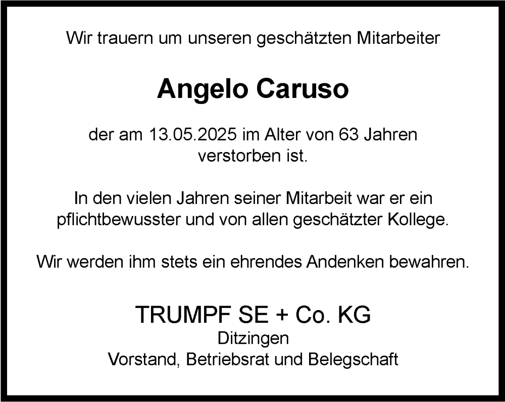  Traueranzeige für Angelo Caruso vom 21.05.2025 aus Leonberger Kreiszeitung / Strohgäu Extra