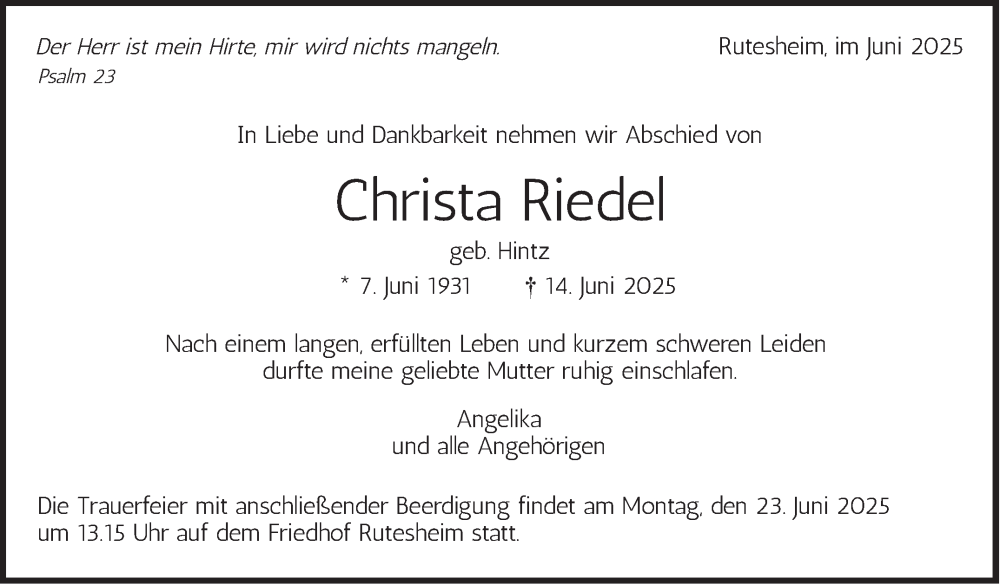  Traueranzeige für Christa Riedel vom 20.06.2025 aus Leonberger Kreiszeitung / Strohgäu Extra