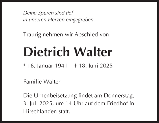 Traueranzeige von Dietrich Walter von Leonberger Kreiszeitung / Strohgäu Extra