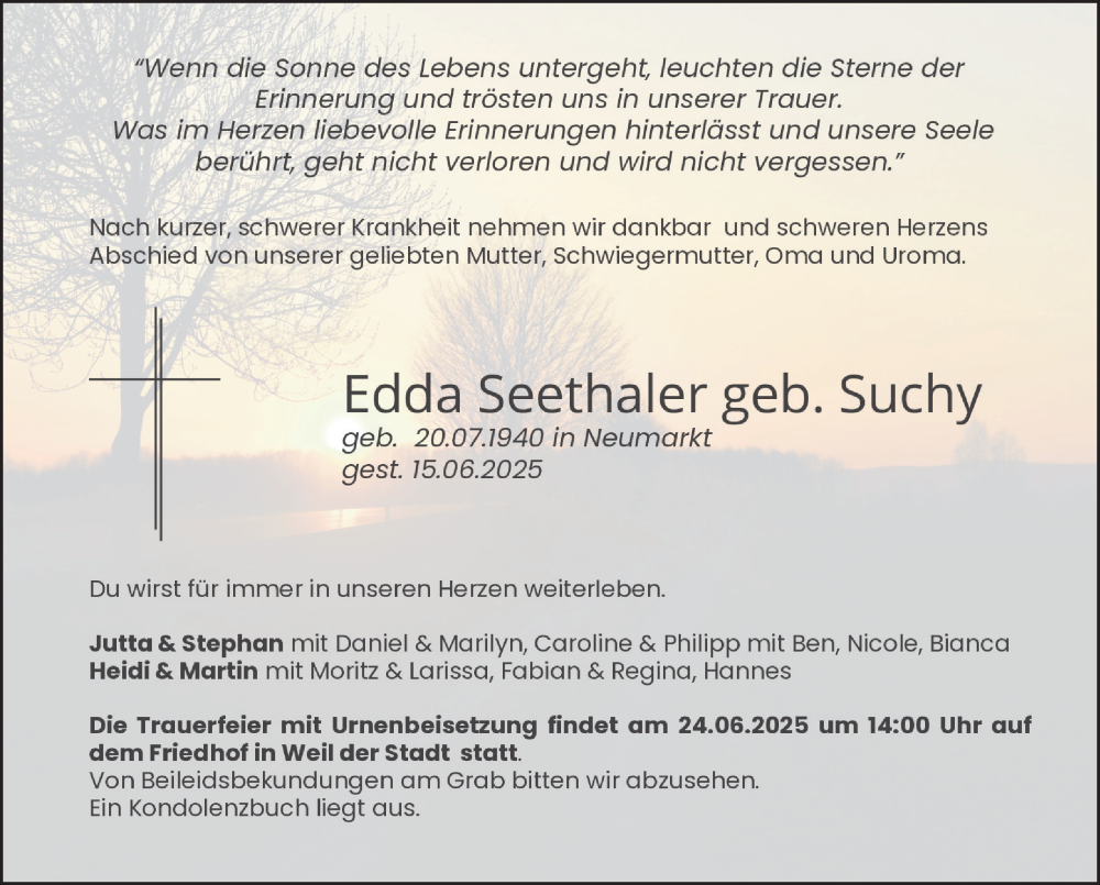  Traueranzeige für Edda Seethaler vom 20.06.2025 aus Leonberger Kreiszeitung / Strohgäu Extra