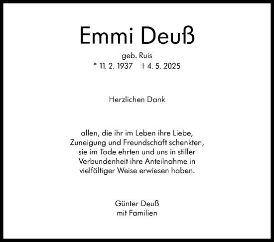 Traueranzeige von Emmi Deuß von Leonberger Kreiszeitung / Strohgäu Extra