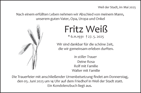 Traueranzeige von Fritz Weiß von Leonberger Kreiszeitung / Strohgäu Extra