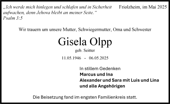 Traueranzeige von Gisela Olpp von Leonberger Kreiszeitung / Strohgäu Extra