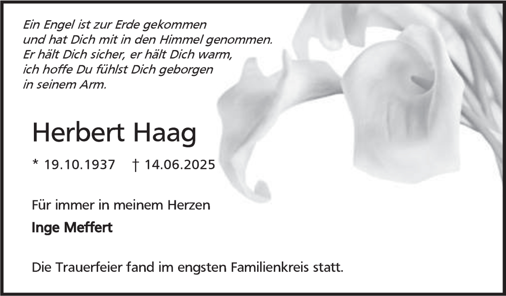  Traueranzeige für Herbert Haag vom 28.06.2025 aus Leonberger Kreiszeitung / Strohgäu Extra