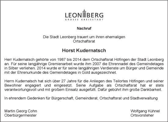 Traueranzeige von Horst Kudernatsch von Leonberger Kreiszeitung / Strohgäu Extra