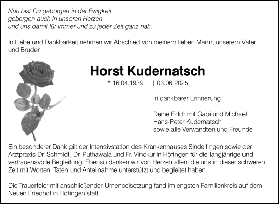 Traueranzeige von Horst Kudernatsch von Leonberger Kreiszeitung / Strohgäu Extra