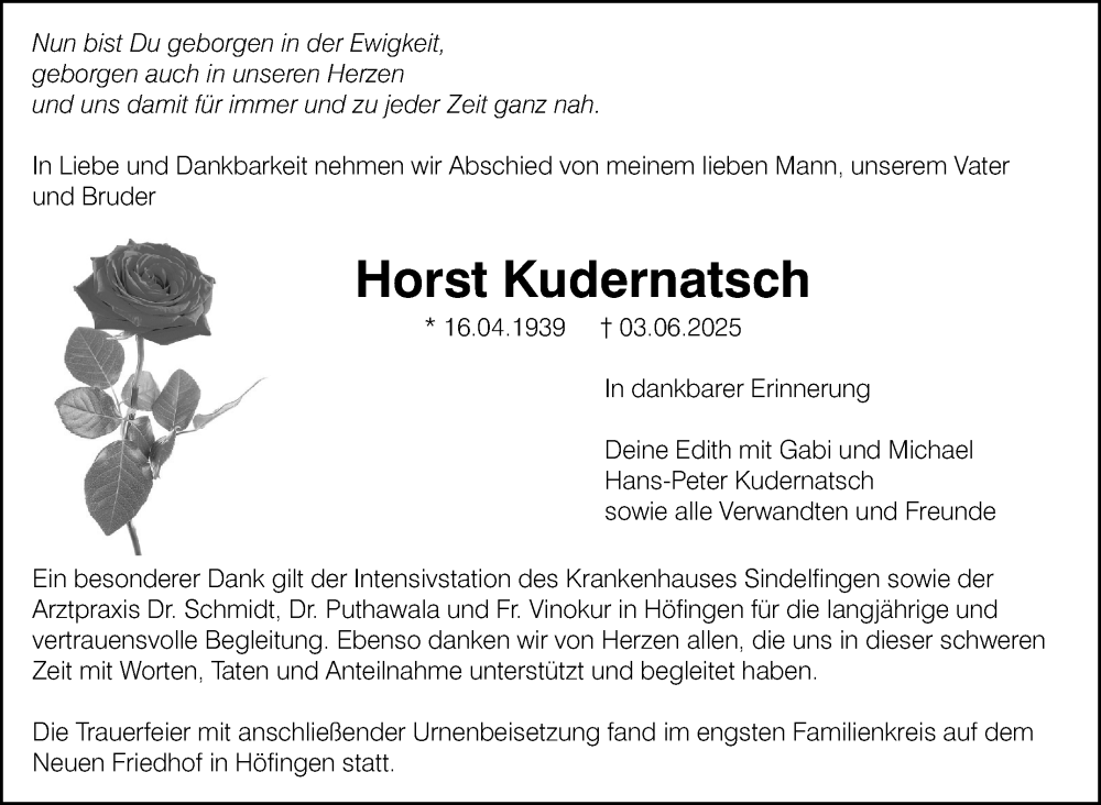  Traueranzeige für Horst Kudernatsch vom 18.06.2025 aus Leonberger Kreiszeitung / Strohgäu Extra