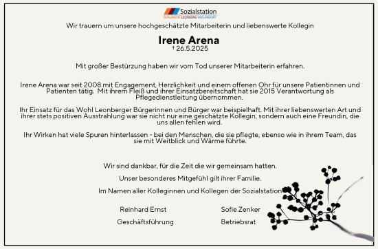 Traueranzeige von Irene Arena von Leonberger Kreiszeitung / Strohgäu Extra