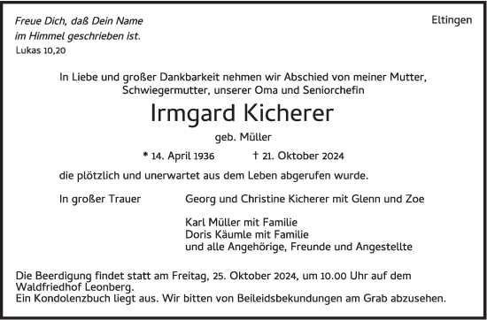 Traueranzeige von Irmgard Kicherer von Leonberger Kreiszeitung / Strohgäu Extra
