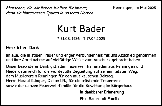Traueranzeige von Kurt Bader von Leonberger Kreiszeitung / Strohgäu Extra