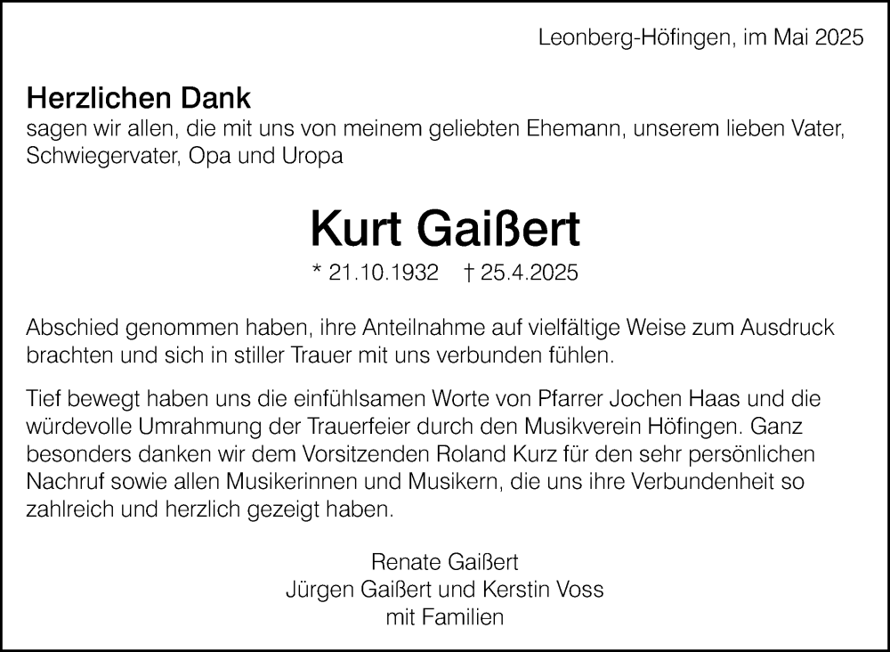  Traueranzeige für Kurt Gaißert vom 20.05.2025 aus Leonberger Kreiszeitung / Strohgäu Extra