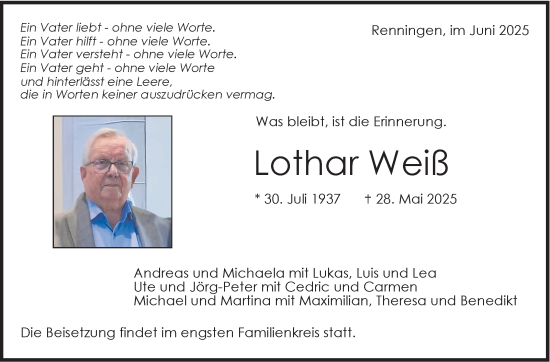 Traueranzeige von Lothar Weiß von Leonberger Kreiszeitung / Strohgäu Extra
