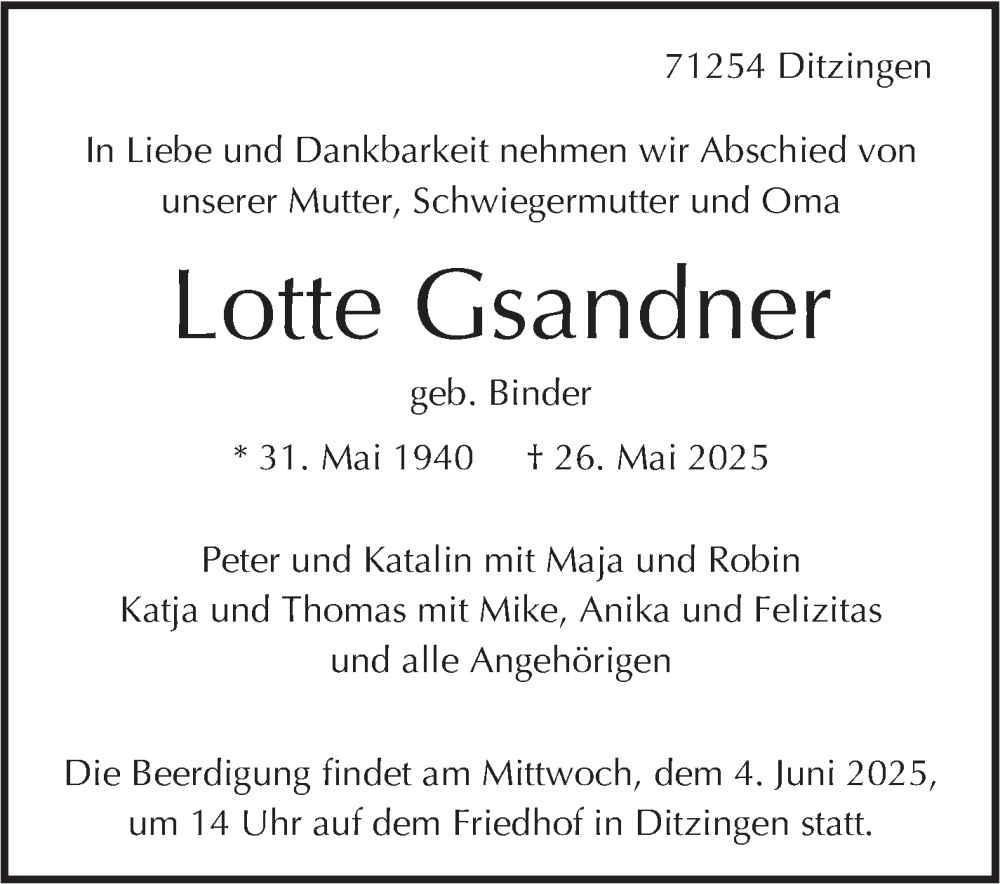  Traueranzeige für Lotte Gsandner vom 31.05.2025 aus Leonberger Kreiszeitung / Strohgäu Extra
