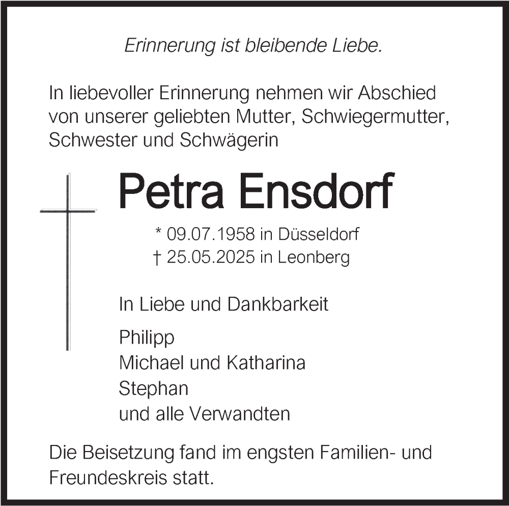  Traueranzeige für Petra Ensdorf vom 14.06.2025 aus Leonberger Kreiszeitung / Strohgäu Extra