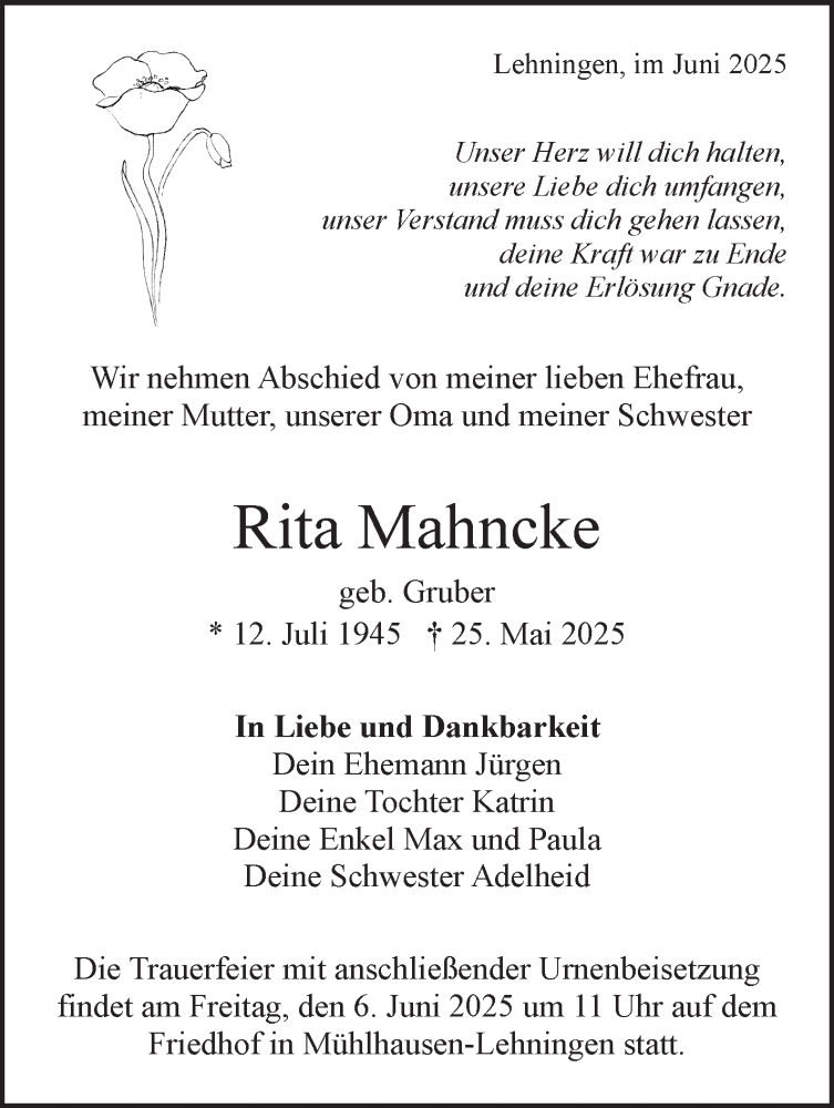  Traueranzeige für Rita Mahncke vom 31.05.2025 aus Leonberger Kreiszeitung / Strohgäu Extra