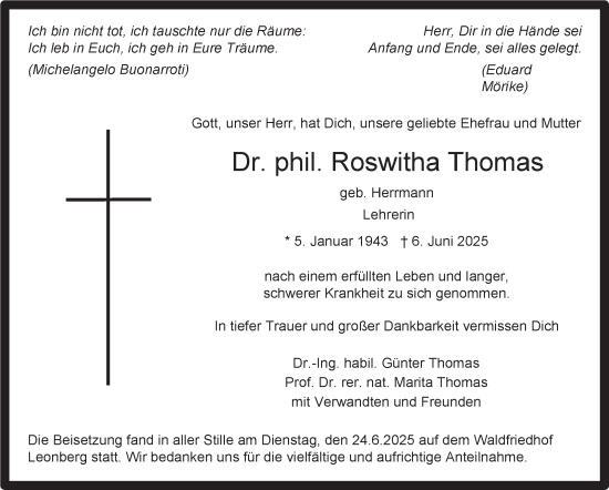 Traueranzeige von Roswitha Thomas von Leonberger Kreiszeitung / Strohgäu Extra
