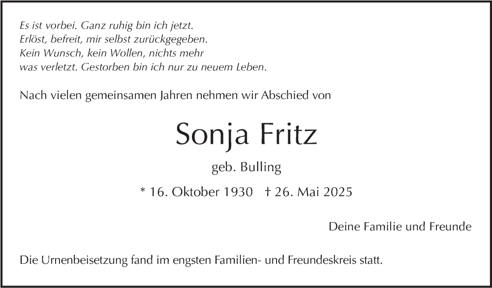  Traueranzeige für Sonja Fritz vom 28.06.2025 aus Leonberger Kreiszeitung / Strohgäu Extra