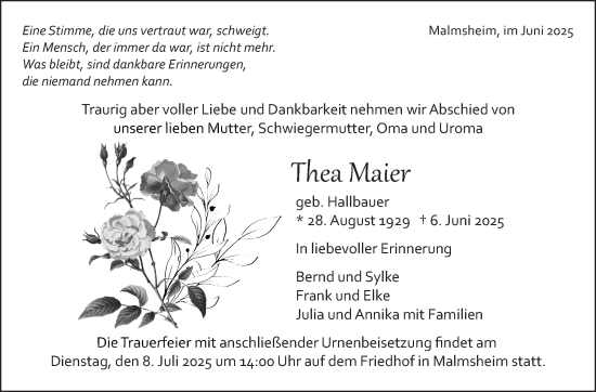 Traueranzeige von Thea Maier von Leonberger Kreiszeitung / Strohgäu Extra