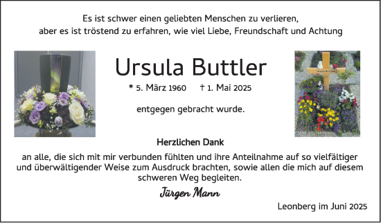Traueranzeige von Ursula Buttler von Leonberger Kreiszeitung / Strohgäu Extra