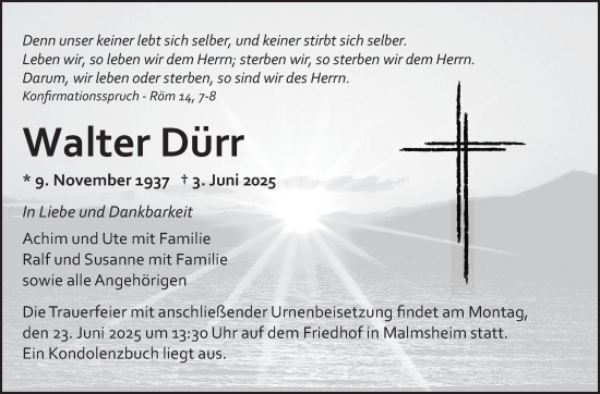 Traueranzeige von Walter Dürr von Leonberger Kreiszeitung / Strohgäu Extra