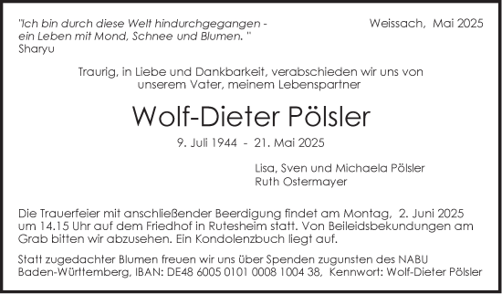Traueranzeige von Wolf-Dieter Pölsler von Leonberger Kreiszeitung / Strohgäu Extra