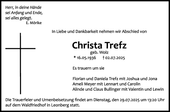 Traueranzeige von Christa Trefz von Leonberger Kreiszeitung / Strohgäu Extra