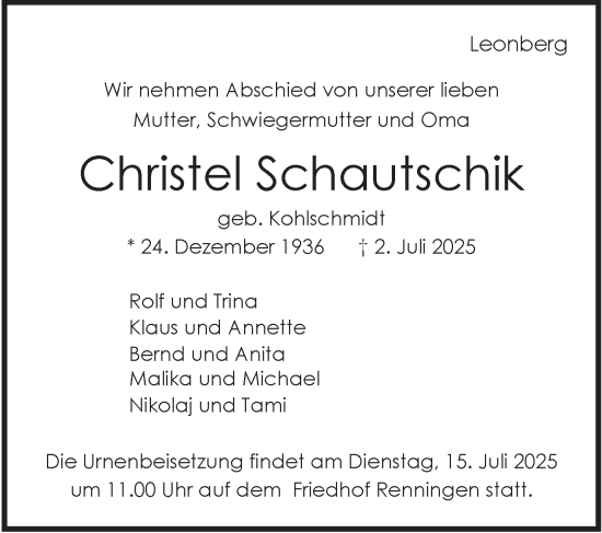 Traueranzeige von Christel Schautschik von Leonberger Kreiszeitung / Strohgäu Extra