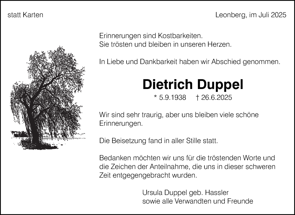  Traueranzeige für Dietrich Duppel vom 18.07.2025 aus Leonberger Kreiszeitung / Strohgäu Extra