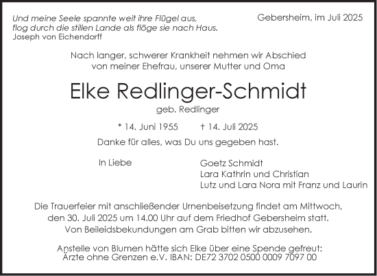 Traueranzeige von Elke Redlinger-Schmidt von Leonberger Kreiszeitung / Strohgäu Extra